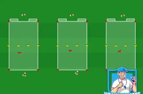 Grens oversteken met poortjes, een verdediger en schieten op twee doeltjes