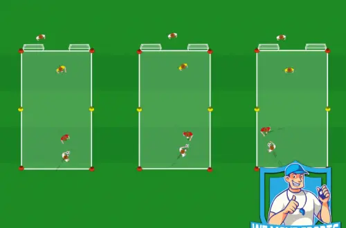 Grens oversteken met coach en schieten op mini doeltjes met keeper